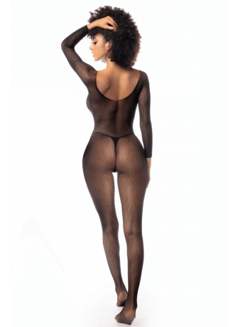 Combinaison manches longues en résille noire - MAL1102BLK